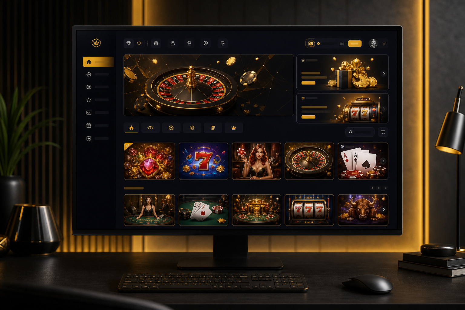 Cash Royale gaming platform interface showing live casino games and dashboard with roulette, slots, and card games