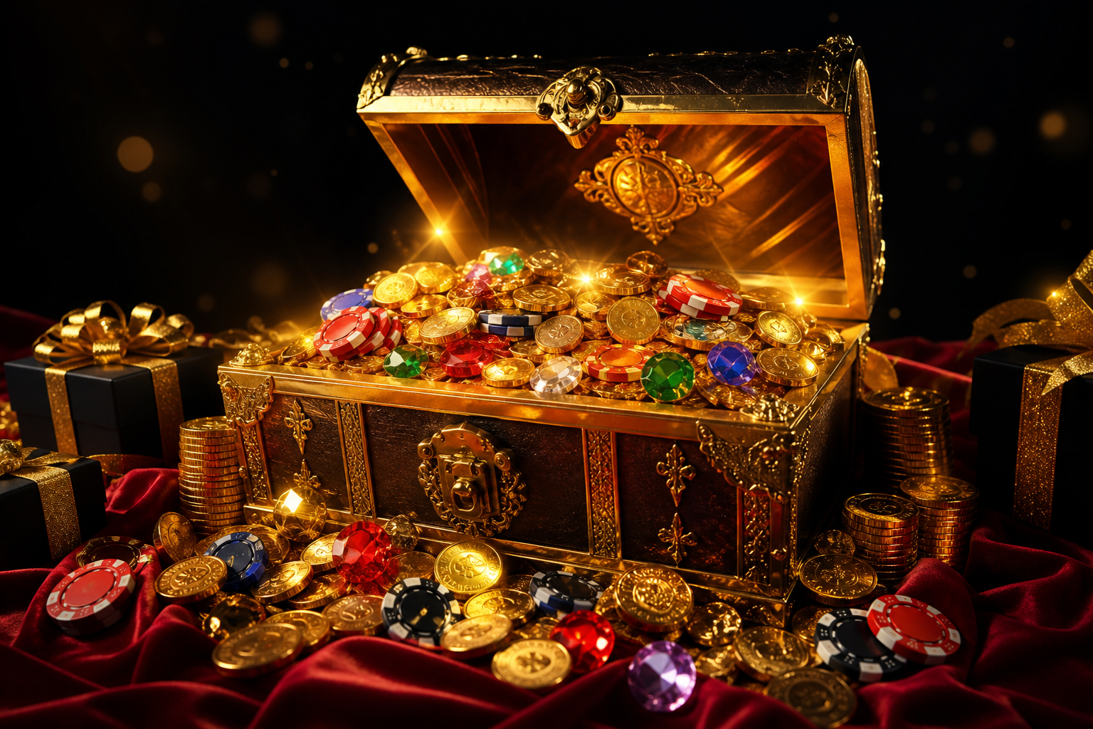 Cash Royale bonuses and rewards treasure chest with golden coins, gems, and casino chips